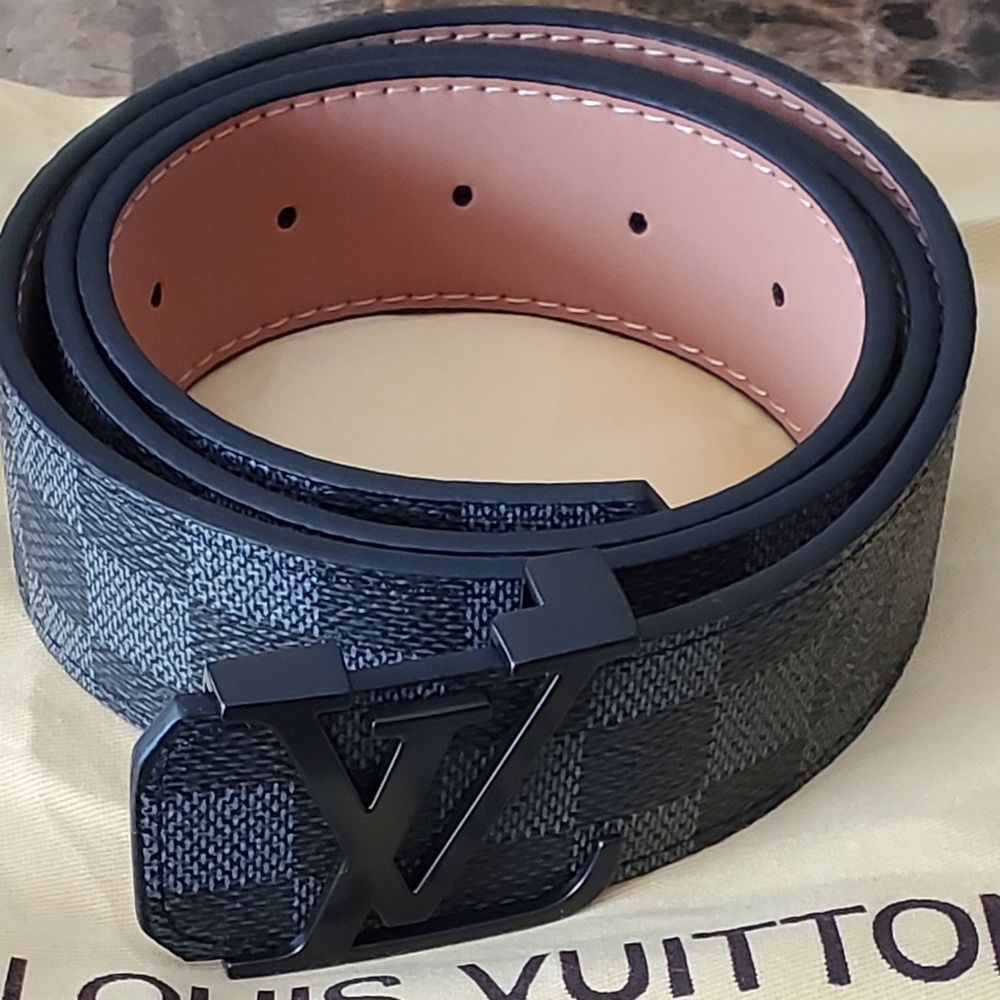 Louis Vuitton Damier Graphite Canvas Belt with Black LV Buckle and Pink Interior